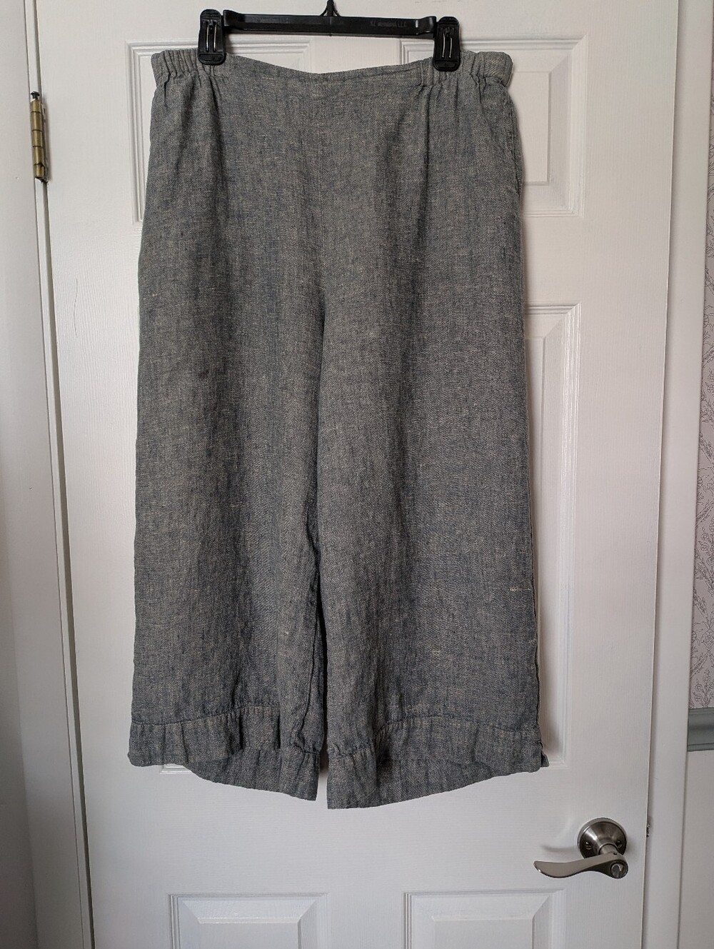 FLAX 100% Linen Wide Leg Crop Pants Gray Blue Elastic Waist Pockets M Lithuania